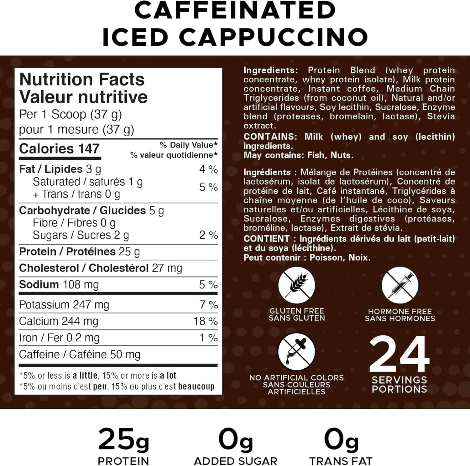 Nutrition label and ingredients list for a caffeinated iced cappuccino product.