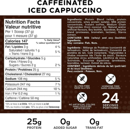 Nutrition label and ingredients list for a caffeinated iced cappuccino product.