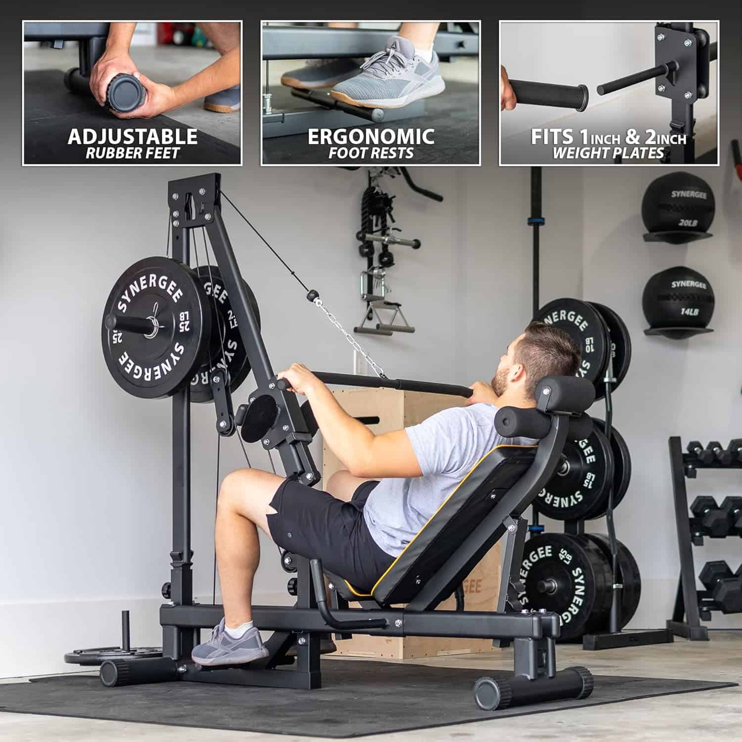 Synergee Leg Press Machine with Lat Pull Down – Full Body Home Gym Equipment for Glutes, Quads, Hamstrings – 400 lb Weight Capacity – Compatible with 1" & 2" Plates Synergee