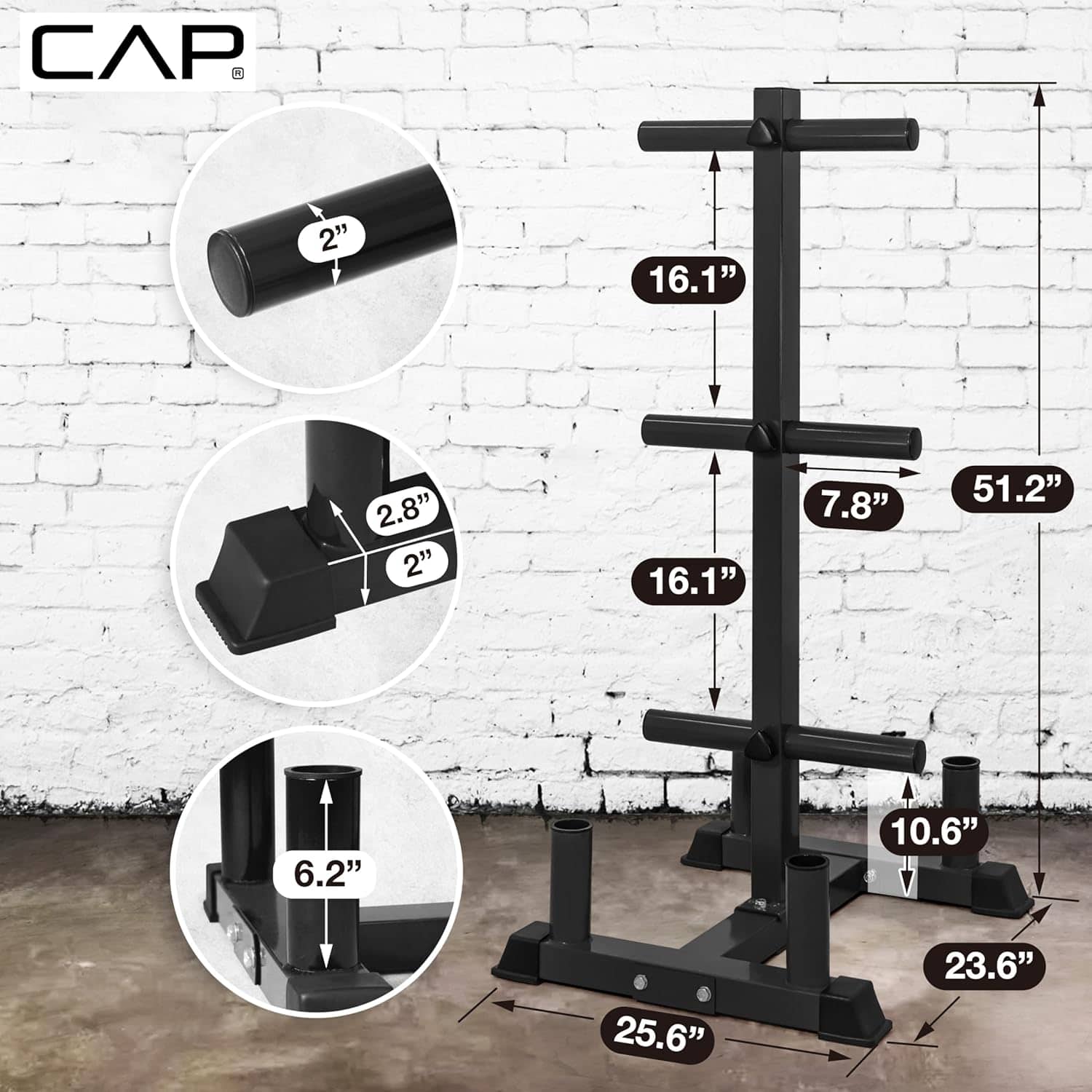 Black weight rack with dimensions labeled against a white brick wall.