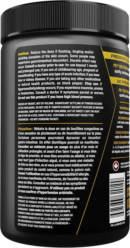 Black supplement container with yellow text on a black background