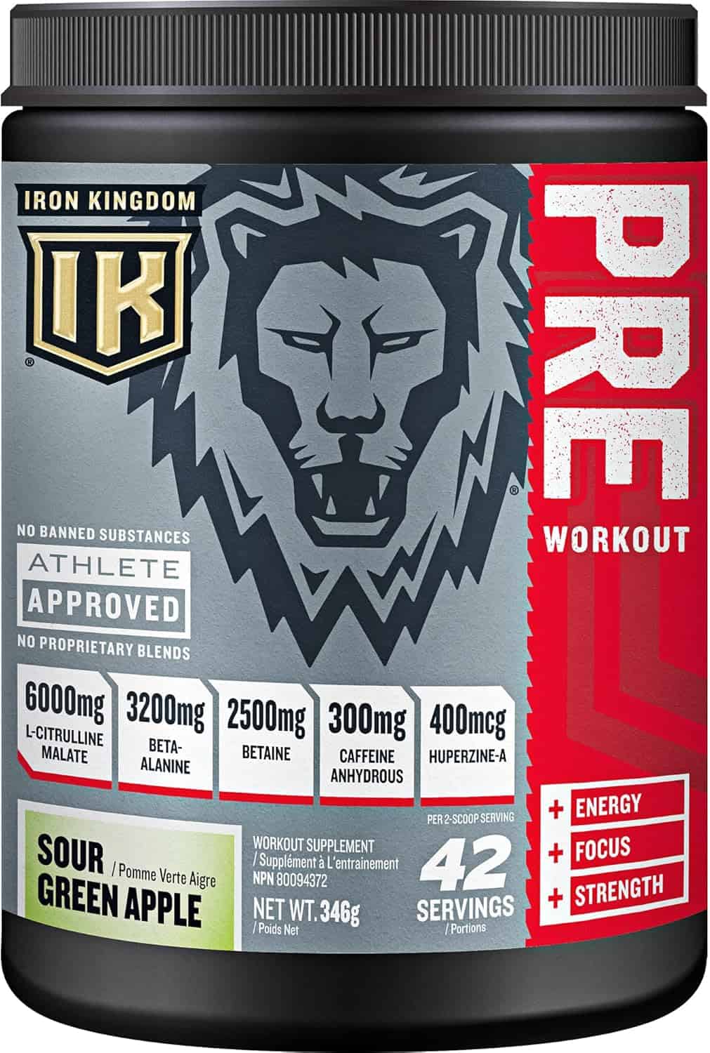Iron Kingdom pre-workout supplement container with lion graphic and ingredient list.