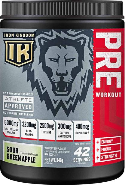 Iron Kingdom pre-workout supplement container with lion graphic and ingredient list.