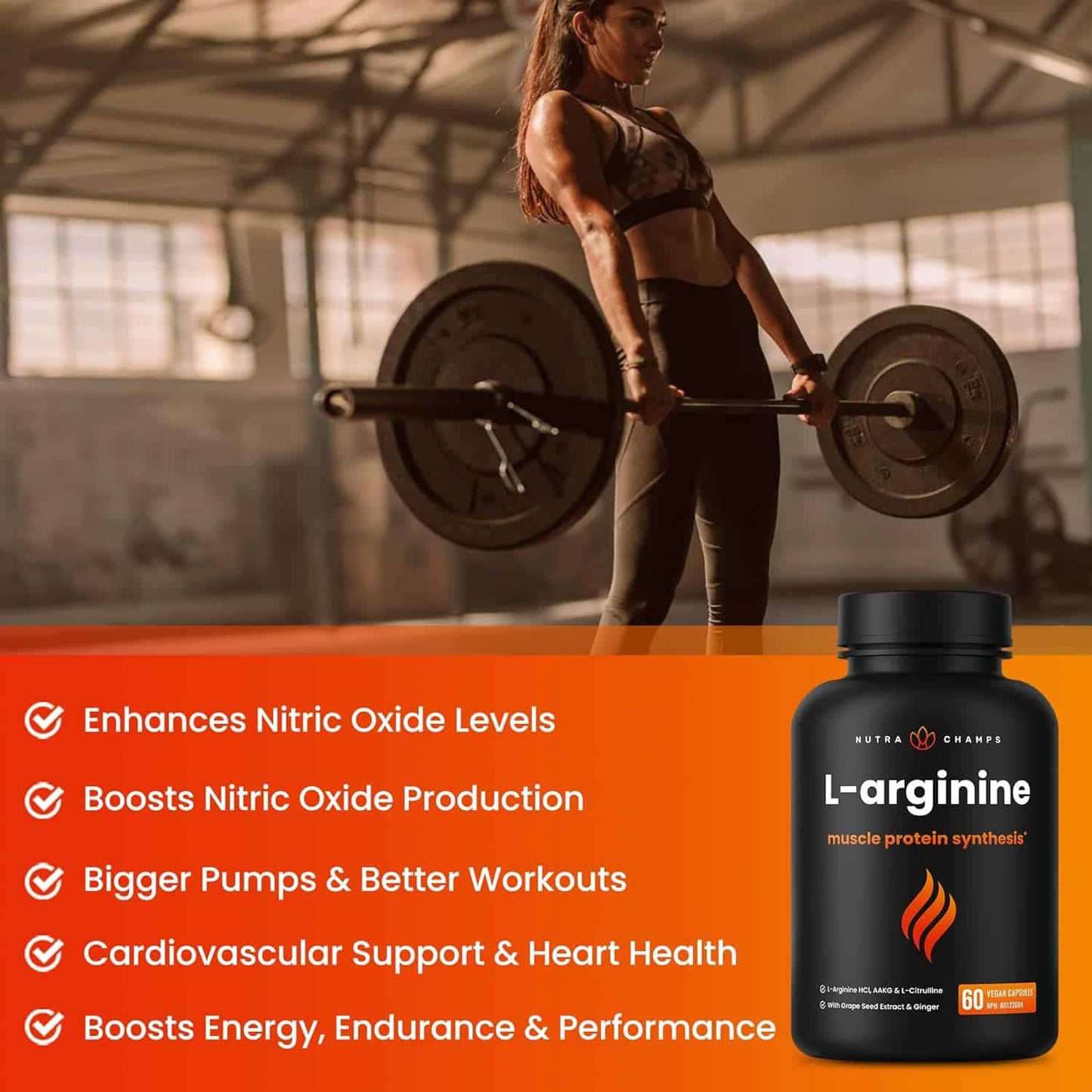 L Arginine Supplement with L-Citrulline – 5-in-1 Nitric Oxide Booster with Grape Seed & Ginger for Blood Flow, Energy & Heart Health – 60 Vegan Capsules by NutraChamps NutraChamps