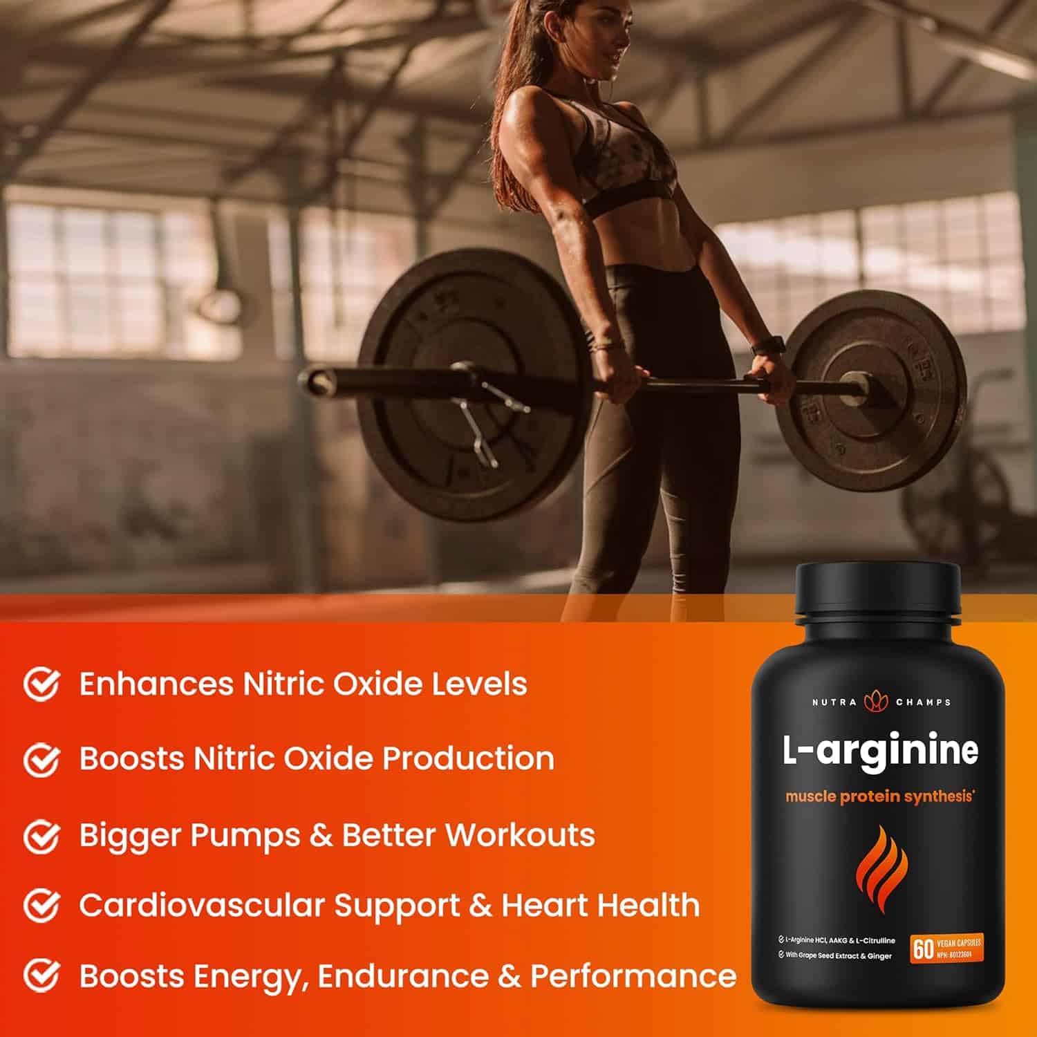 L Arginine Supplement with L-Citrulline – 5-in-1 Nitric Oxide Booster with Grape Seed & Ginger for Blood Flow, Energy & Heart Health – 60 Vegan Capsules by NutraChamps NutraChamps