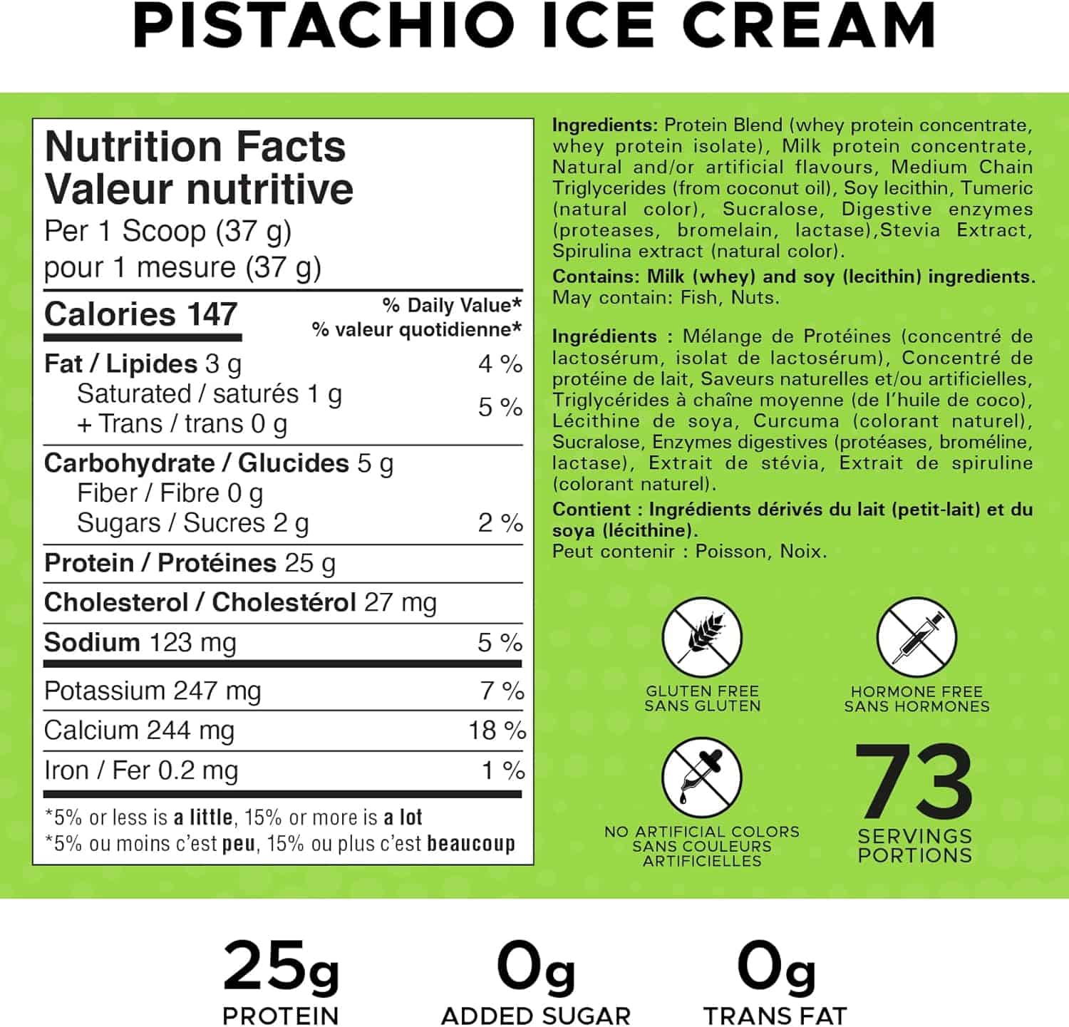 Nutrition facts label for pistachio ice cream with ingredients list on a green background