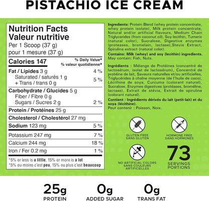 Nutrition facts label for pistachio ice cream with ingredients list on a green background