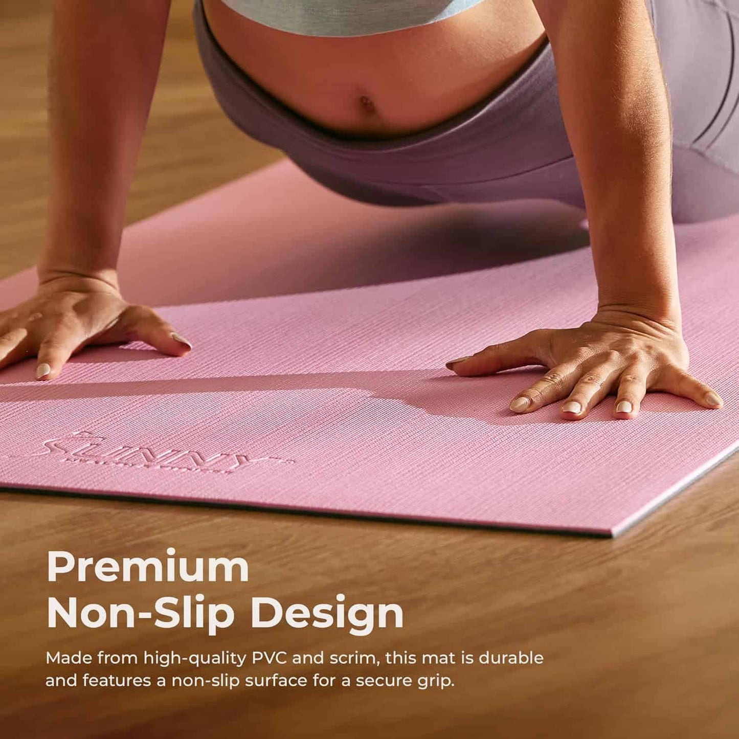 Person on a pink Sunny Life yoga mat with text highlighting non-slip design.