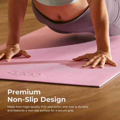 Person on a pink Sunny Life yoga mat with text highlighting non-slip design.