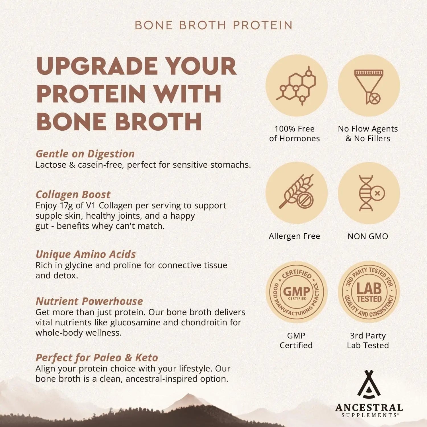 Ancestral Grass-Fed Bone Broth Protein Powder – Chocolate – 20g Protein with Beef Organs & Mushrooms – Gut & Immune Support