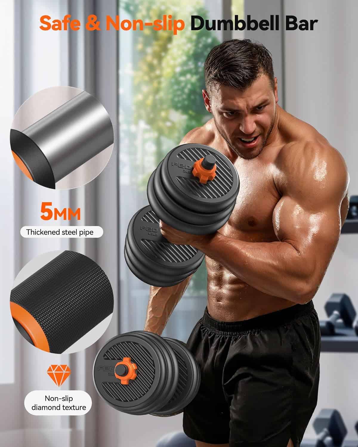 FEIERDUN 4-in-1 Adjustable Dumbbell Set – Converts to Barbell, Kettlebell & Push-Up Stand (20–90 lbs) FitCore Supply