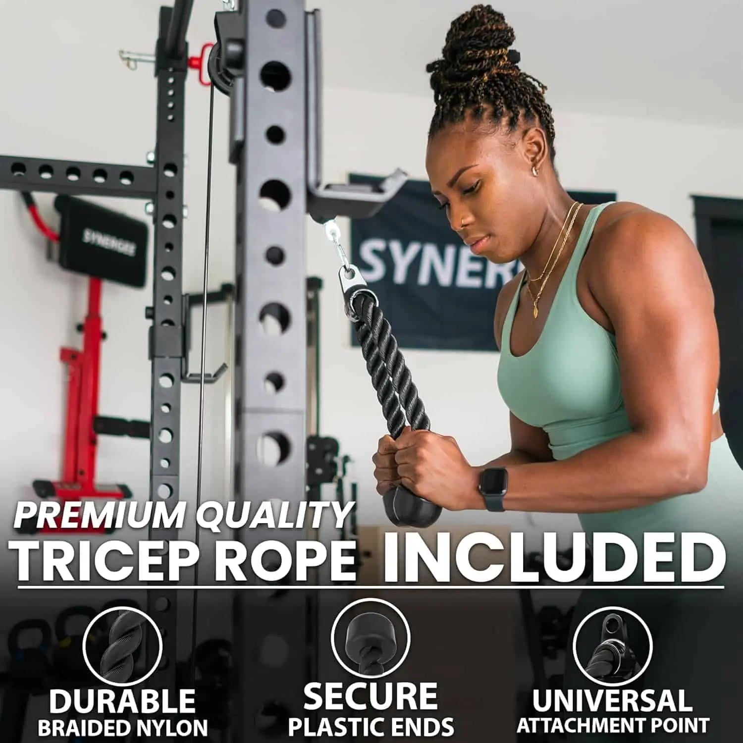 Synergee Cable Pulley System for Home Gym – 60” Cable, Tricep Rope & Straight Bar – 300 lbs Capacity for Upper Body Strength Training Synergee