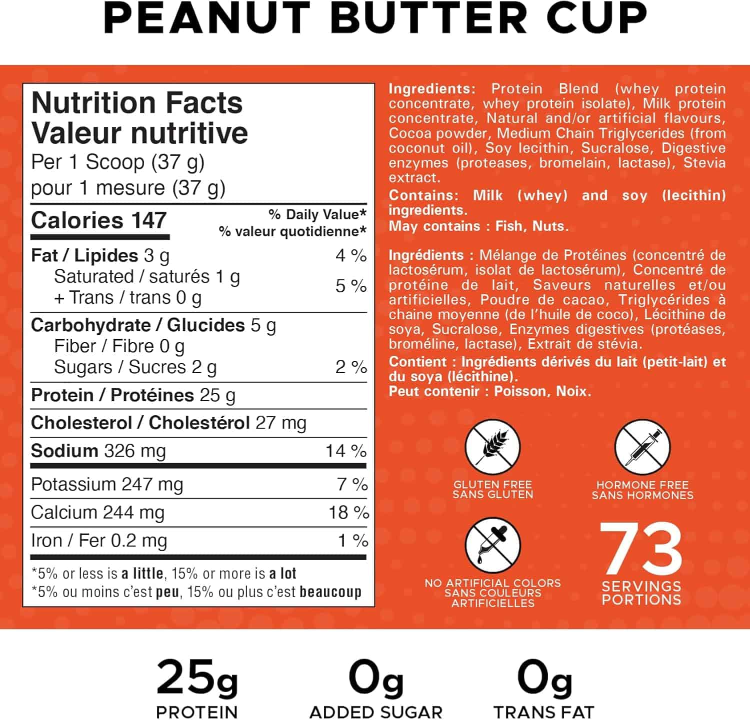 Nutrition label for a peanut butter cup product with ingredients and nutritional information.