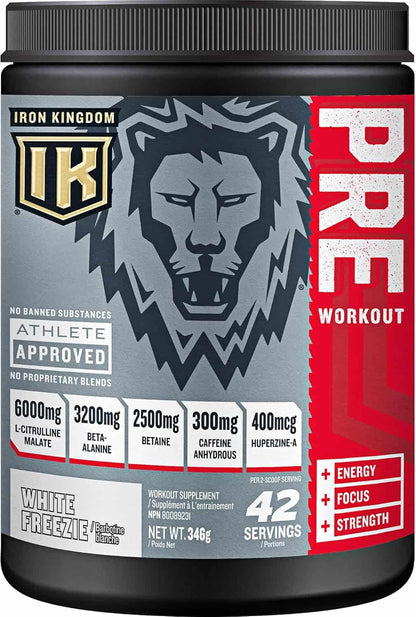 Iron Kingdom pre-workout supplement container with lion graphic and ingredient list.