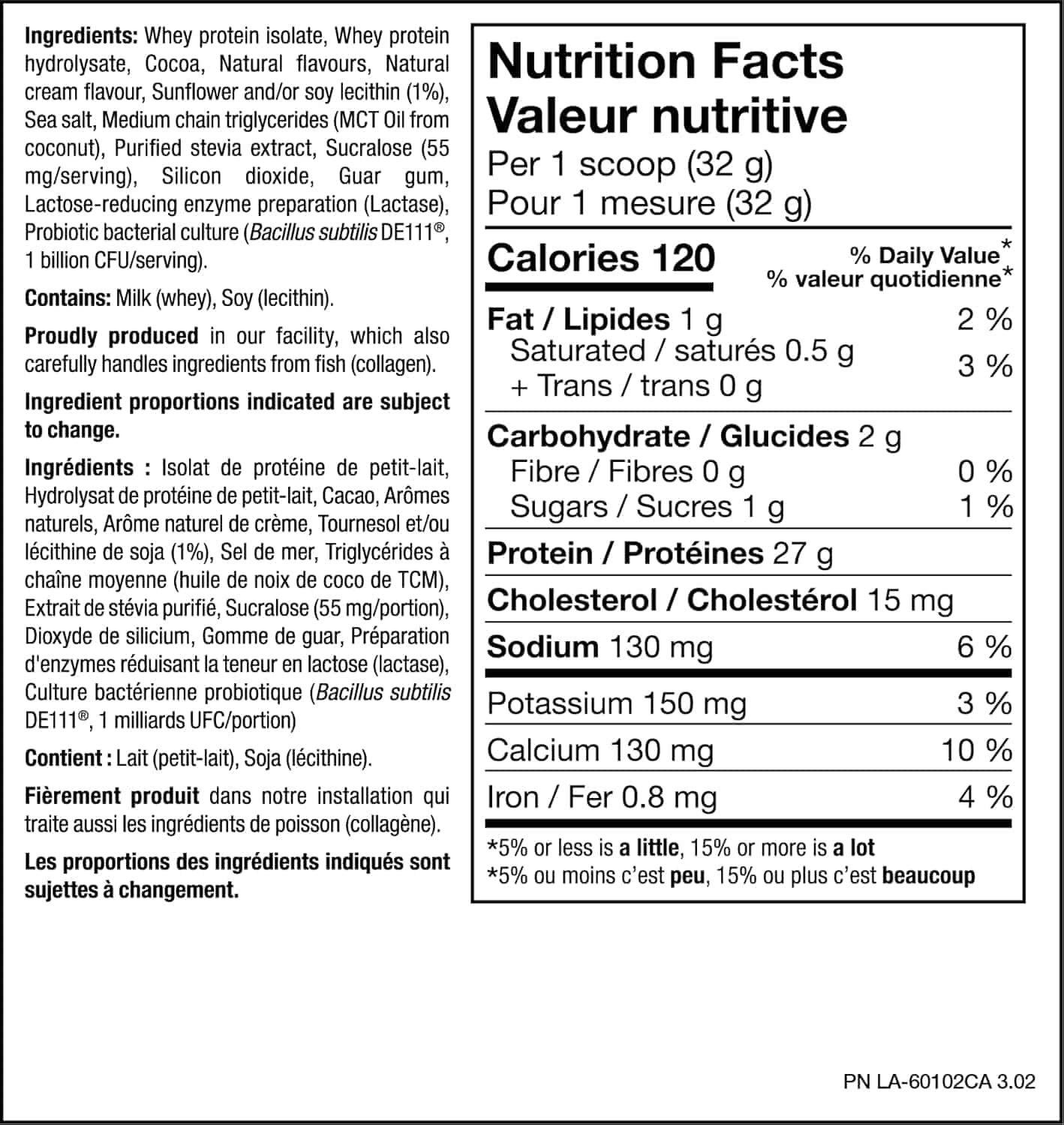 Nutrition facts label for a protein supplement on a white background