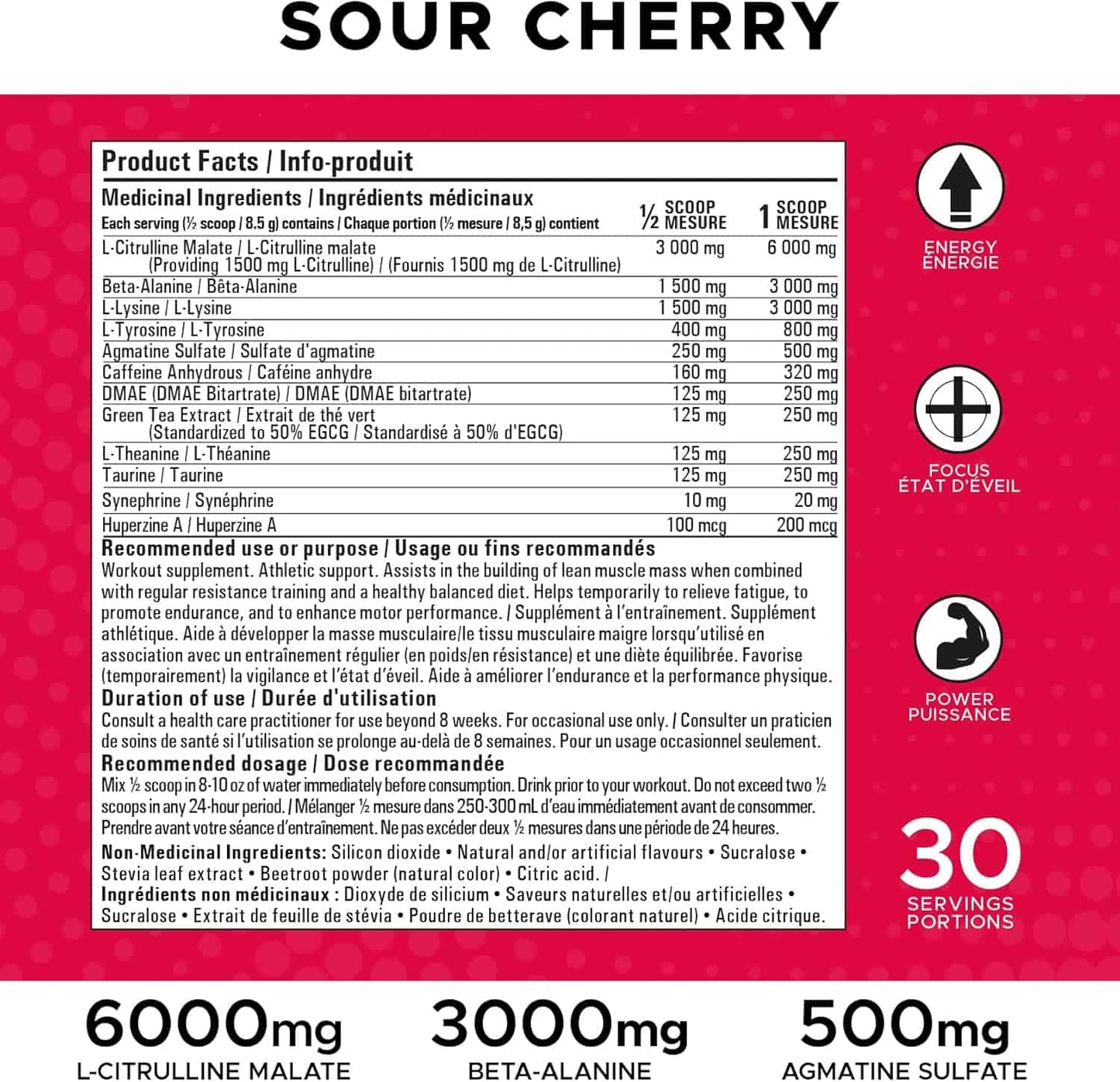 Product label for 'Sour Cherry' supplement with ingredient list and dosages on a red background.