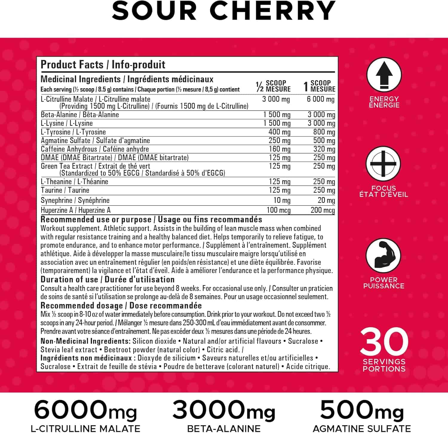 Product label for 'Sour Cherry' supplement with ingredient list and dosages on a red background.