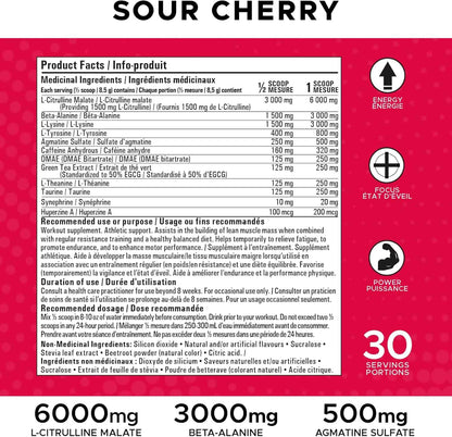 Product label for 'Sour Cherry' supplement with ingredient list and dosages on a red background.