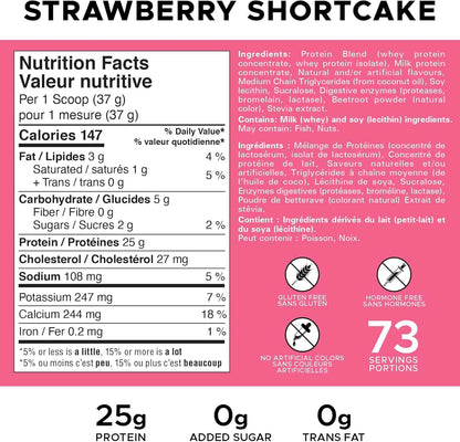 Nutrition label for strawberry shortcake with protein content on a pink background