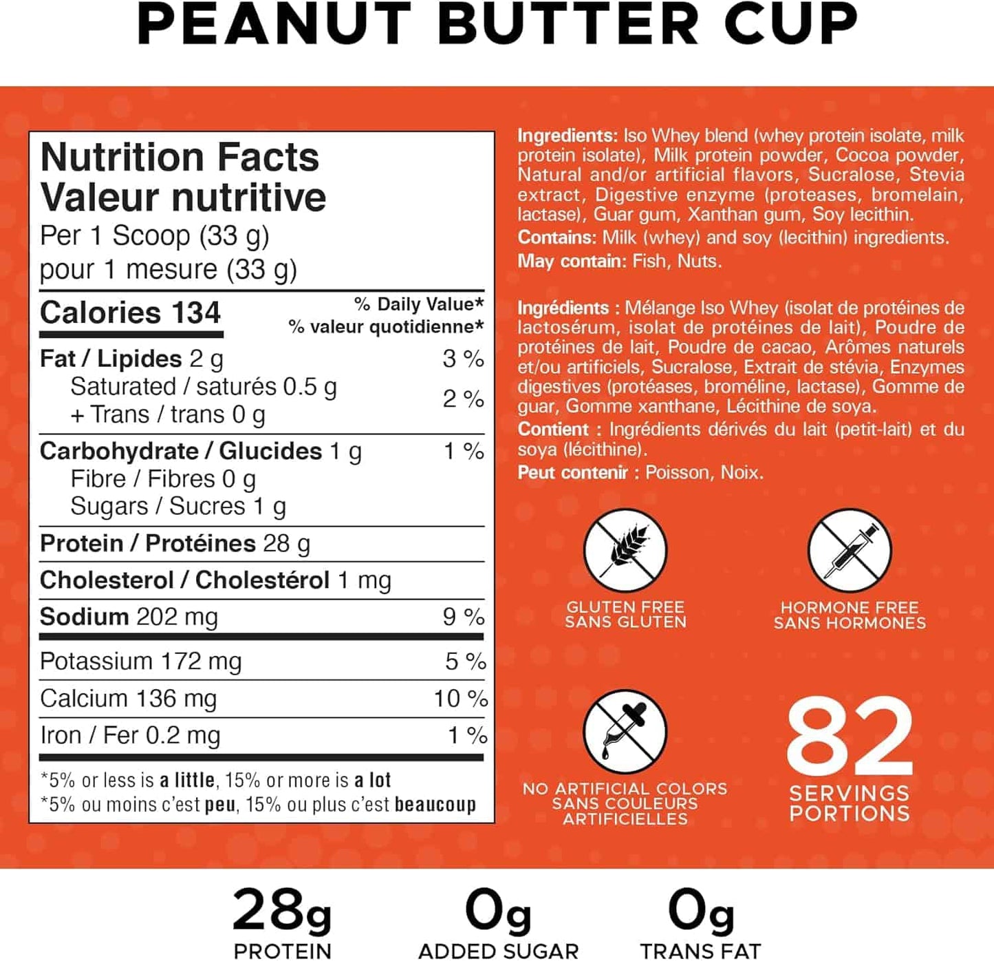 Nutrition label and ingredient list for a peanut butter cup on an orange background