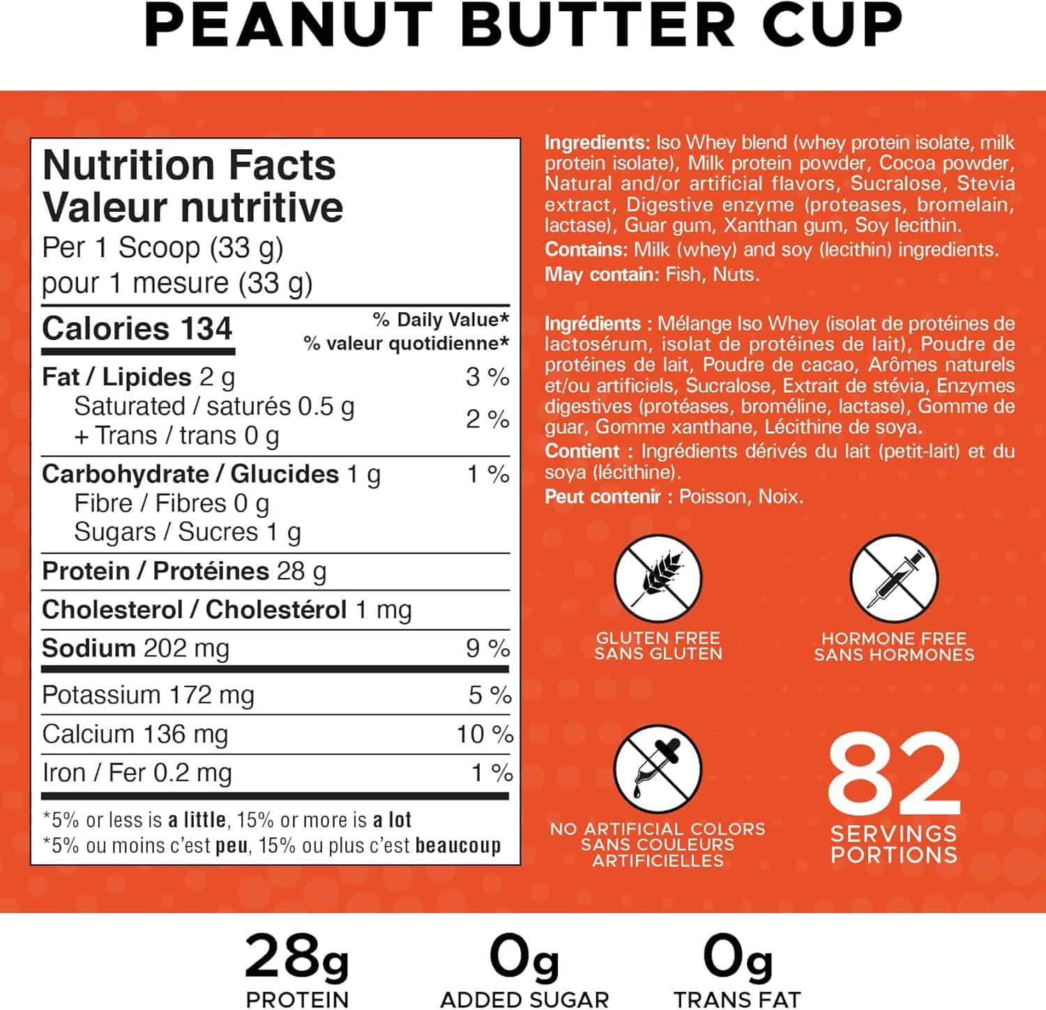 Nutrition label and ingredient list for a peanut butter cup on an orange background