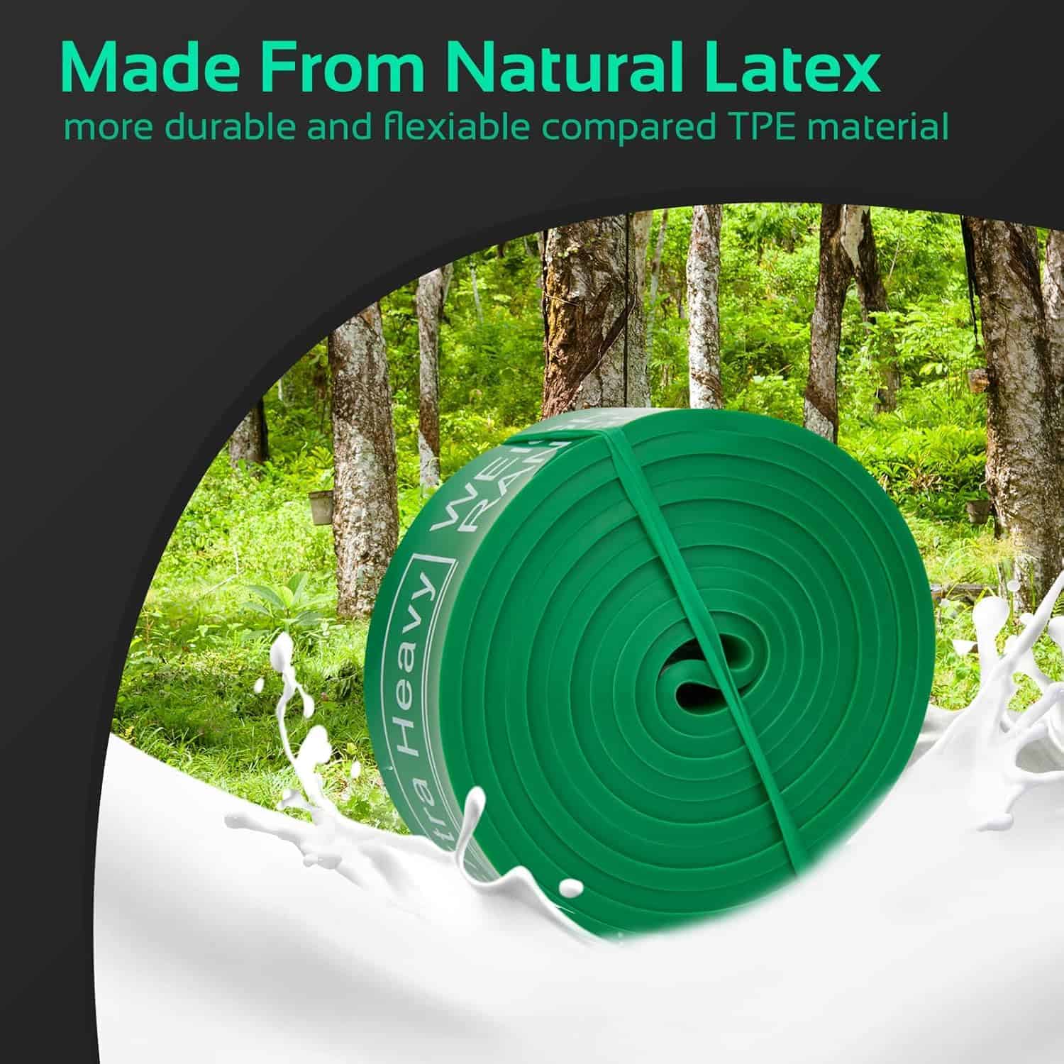 Roll of green elastic band with forest background and text about natural latex material.
