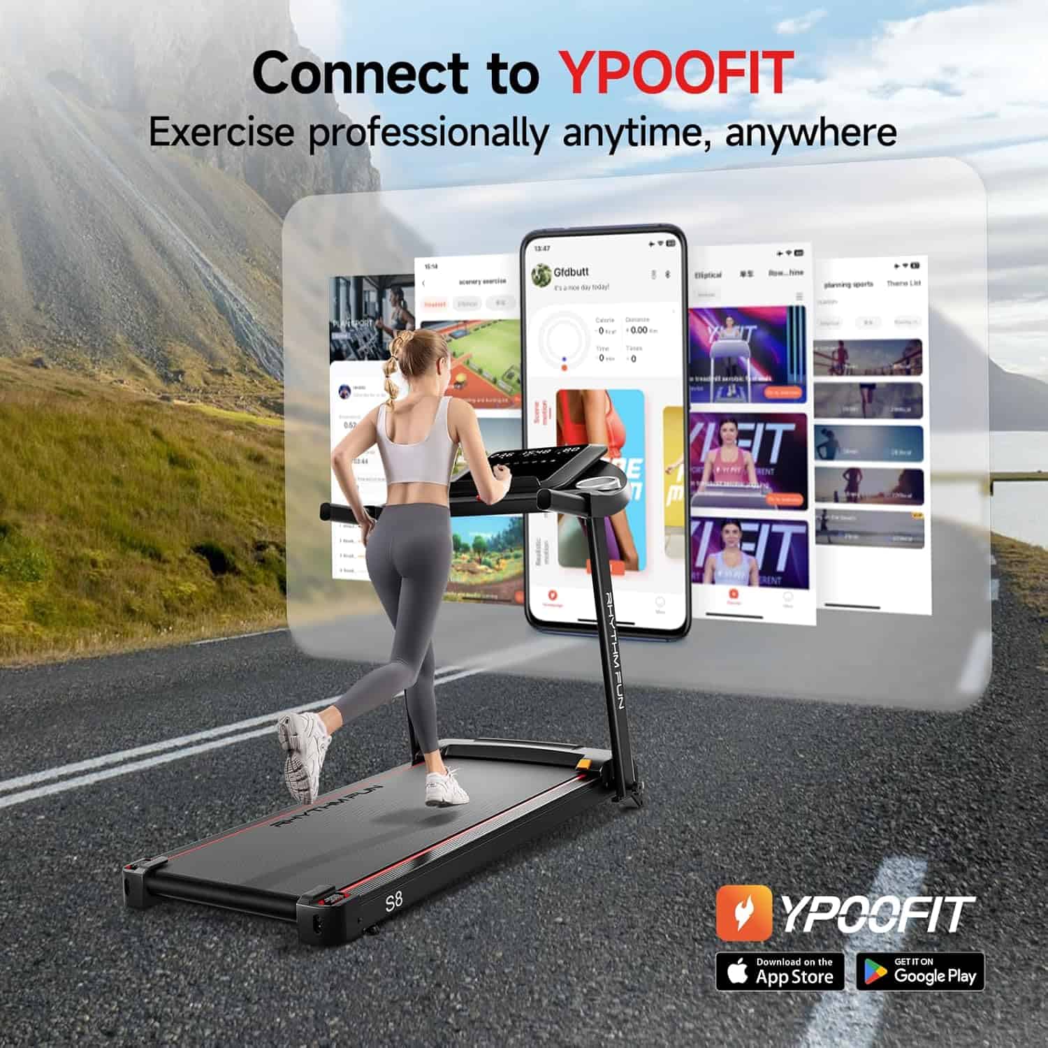 RHYTHM FUN Folding Walking Pad Treadmill – 8.0 MPH, 8% Incline, App Connected, Compact & Quiet for Home RHYTHM FUN