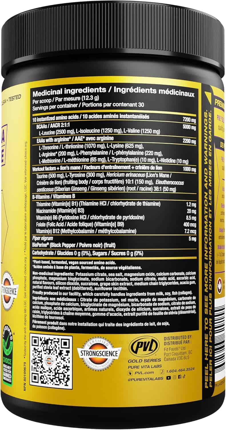 Supplement container with black lid and yellow label displaying text and a QR code.