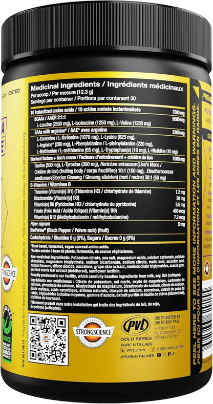 Supplement container with black lid and yellow label displaying text and a QR code.