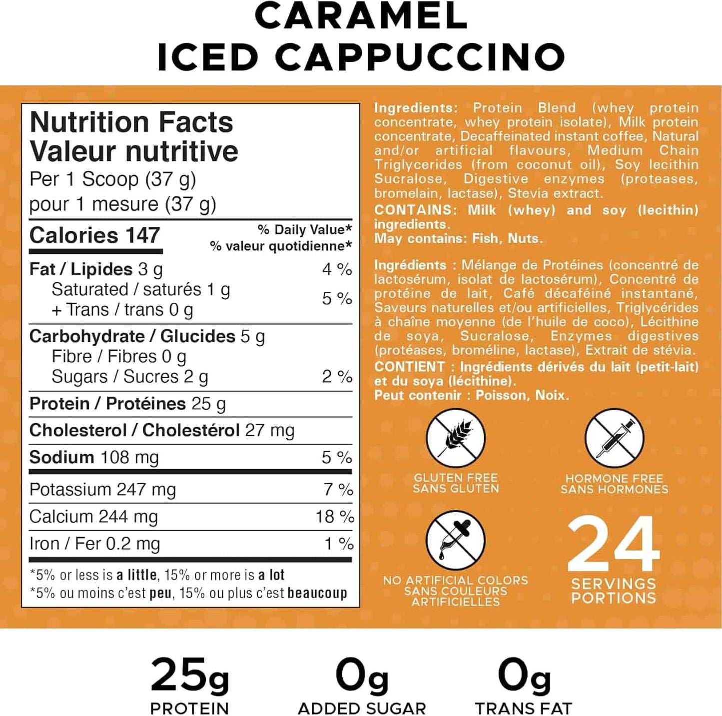 Nutrition facts label for caramel iced cappuccino with ingredients list on an orange background