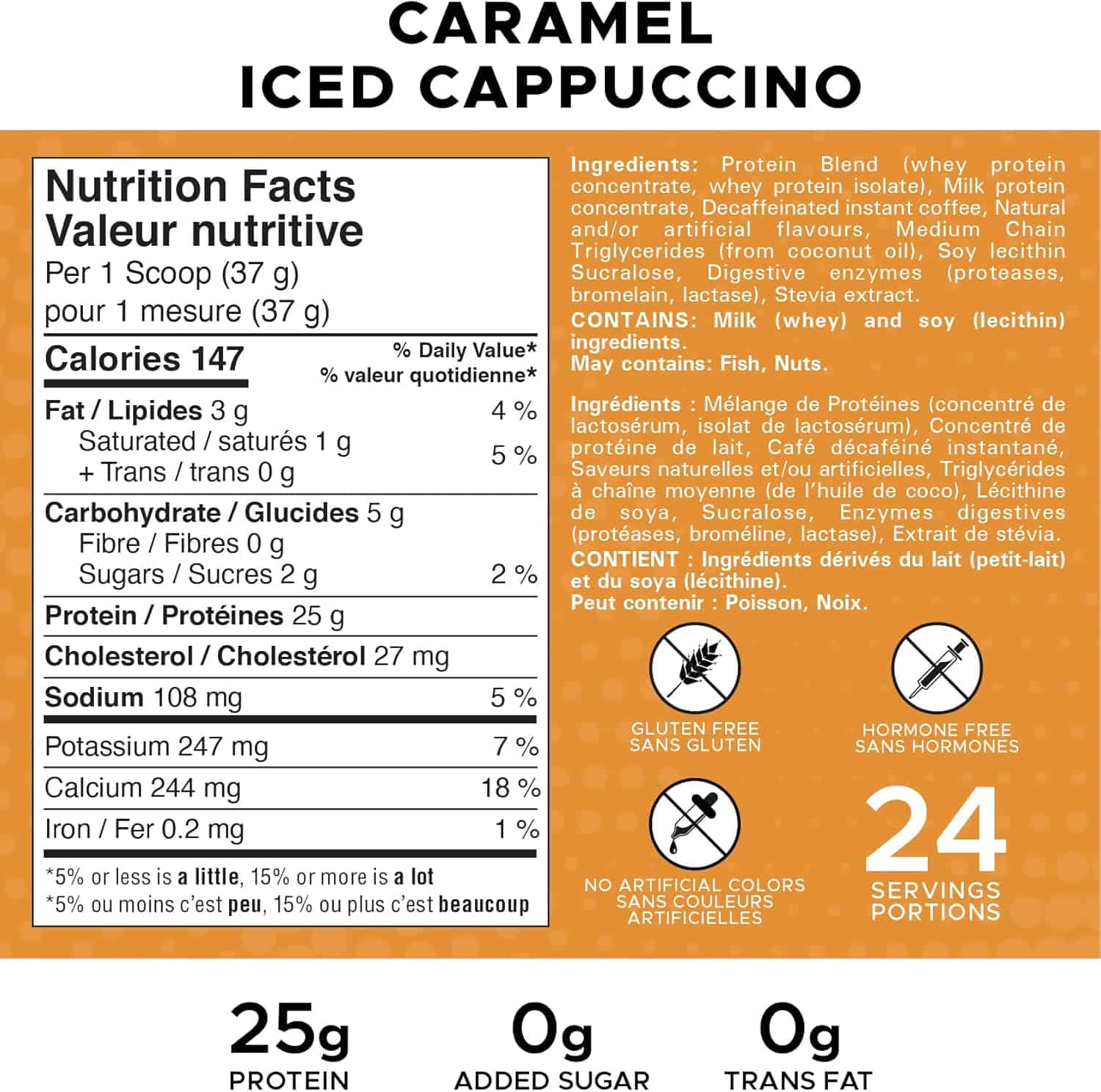 Nutrition facts label for caramel iced cappuccino with ingredients list on an orange background