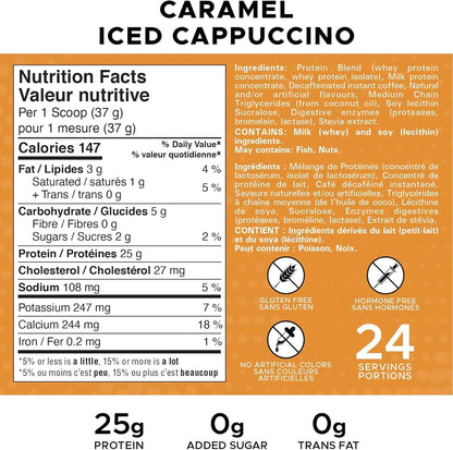 Nutrition facts label for caramel iced cappuccino with ingredients list on an orange background