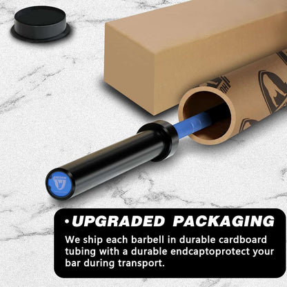 Barbell with upgraded packaging on a marble surface