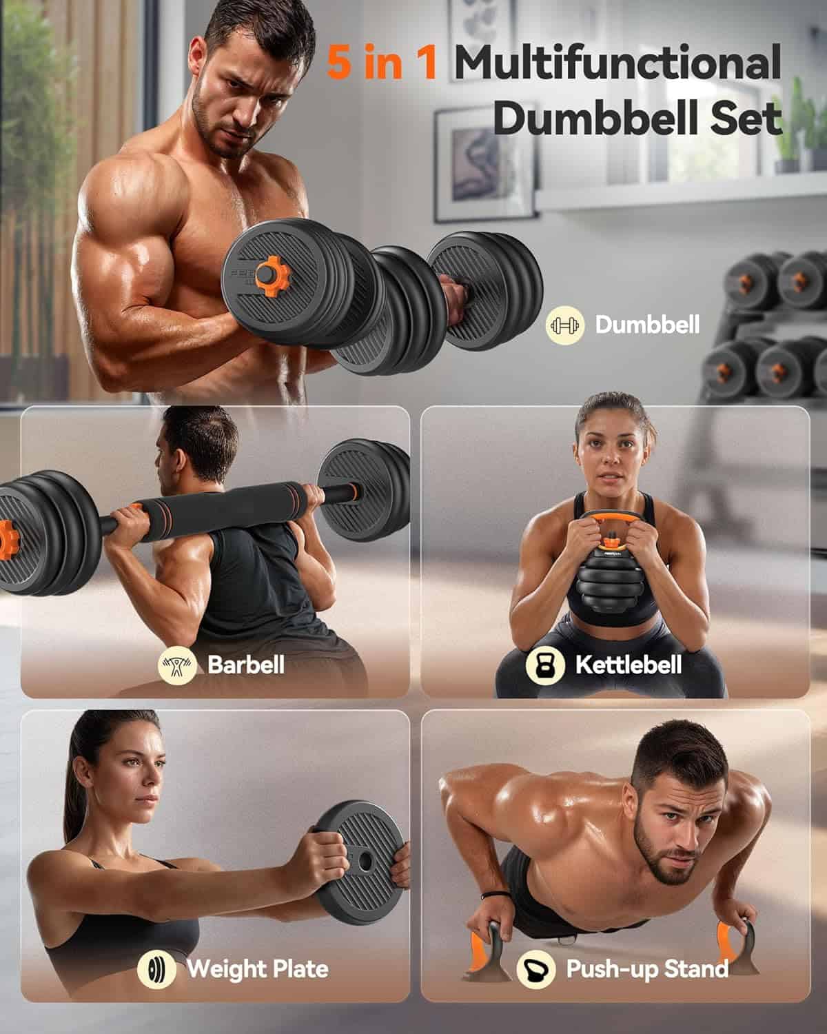 FEIERDUN 4-in-1 Adjustable Dumbbell Set – Converts to Barbell, Kettlebell & Push-Up Stand (20–90 lbs) FitCore Supply