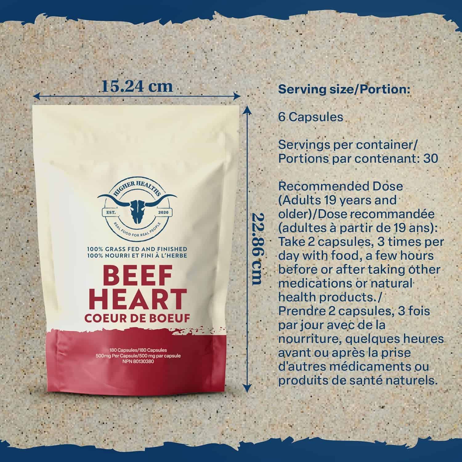 Higher Healths Grass-Fed Beef Heart Supplement – 3000mg Freeze-Dried – CoQ10-Rich Antioxidant – 180 Capsules – Made in Canada