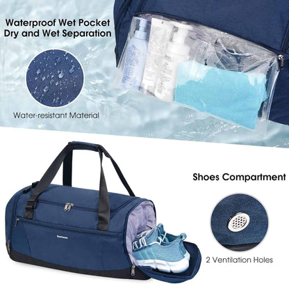 Blue duffel bag with waterproof wet pocket and shoes compartment, featuring water-resistant material and ventilation holes.