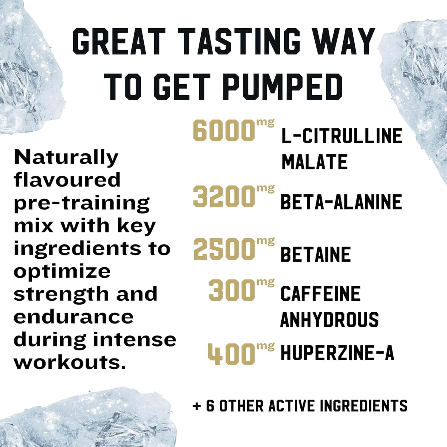 Pre-training mix supplement with key ingredients for strength and endurance, featuring ice cube graphics.
