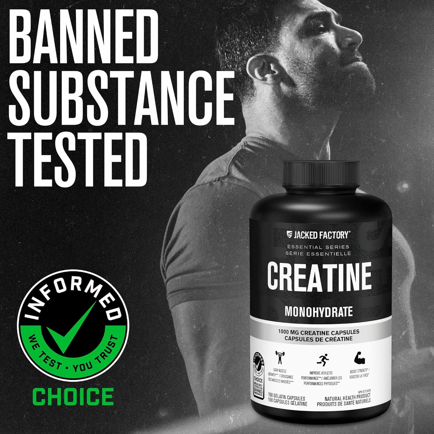 Jacked Factory Creatine Monohydrate Capsules – 1000mg Per Capsule | Muscle Growth, Strength & Performance | 150 Pills | Canadian-Owned Workout Supplement Jacked Factory