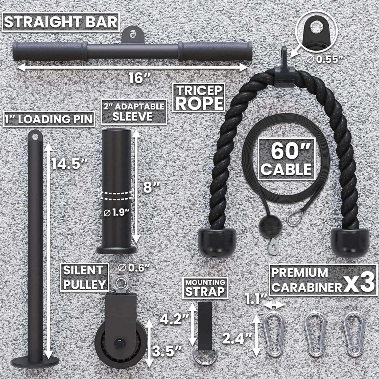Synergee Cable Pulley System for Home Gym – 60” Cable, Tricep Rope & Straight Bar – 300 lbs Capacity for Upper Body Strength Training Synergee