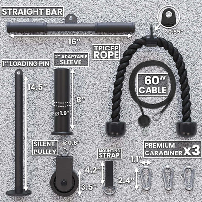 Synergee Cable Pulley System for Home Gym – 60” Cable, Tricep Rope & Straight Bar – 300 lbs Capacity for Upper Body Strength Training Synergee