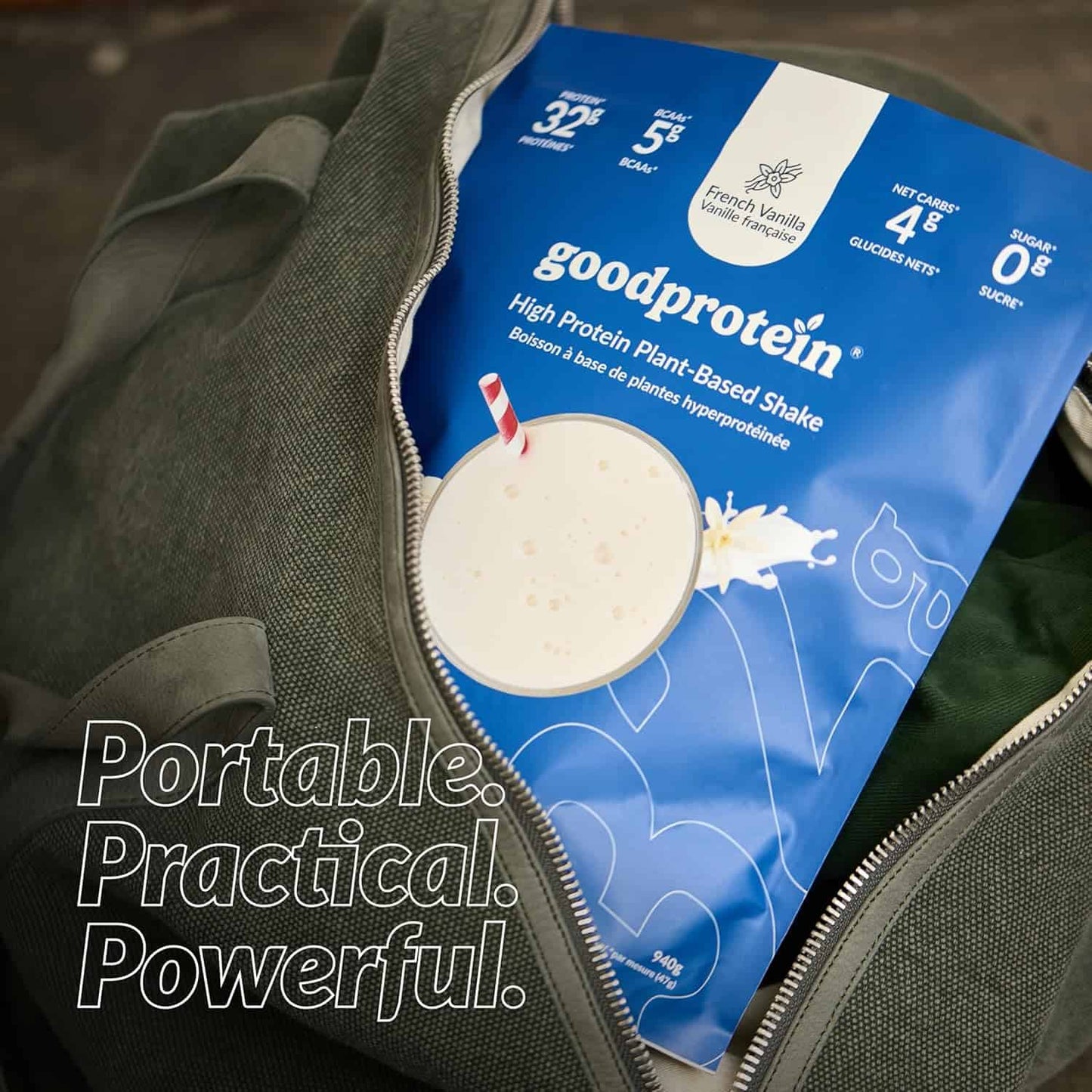 Good Protein shake package in a bag with promotional text.