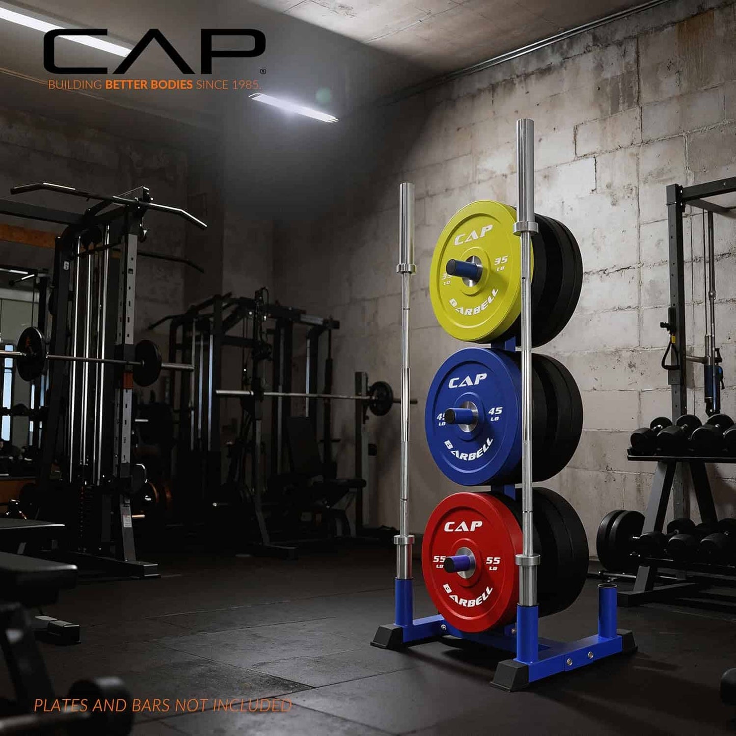 Weightlifting rack with CAP branded weights in a gym setting