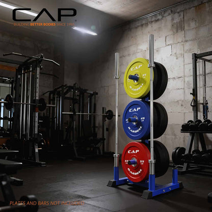 Weightlifting rack with CAP branded weights in a gym setting