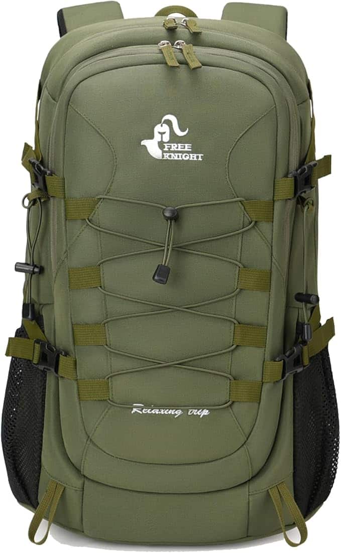 Green backpack with visible branding on a white background