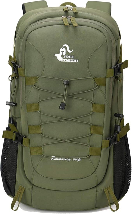 Green backpack with visible branding on a white background