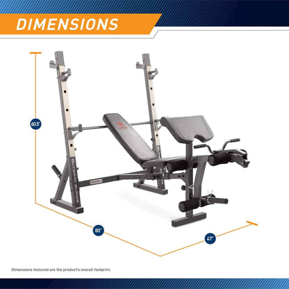 Weight bench with dimensions displayed on a white background