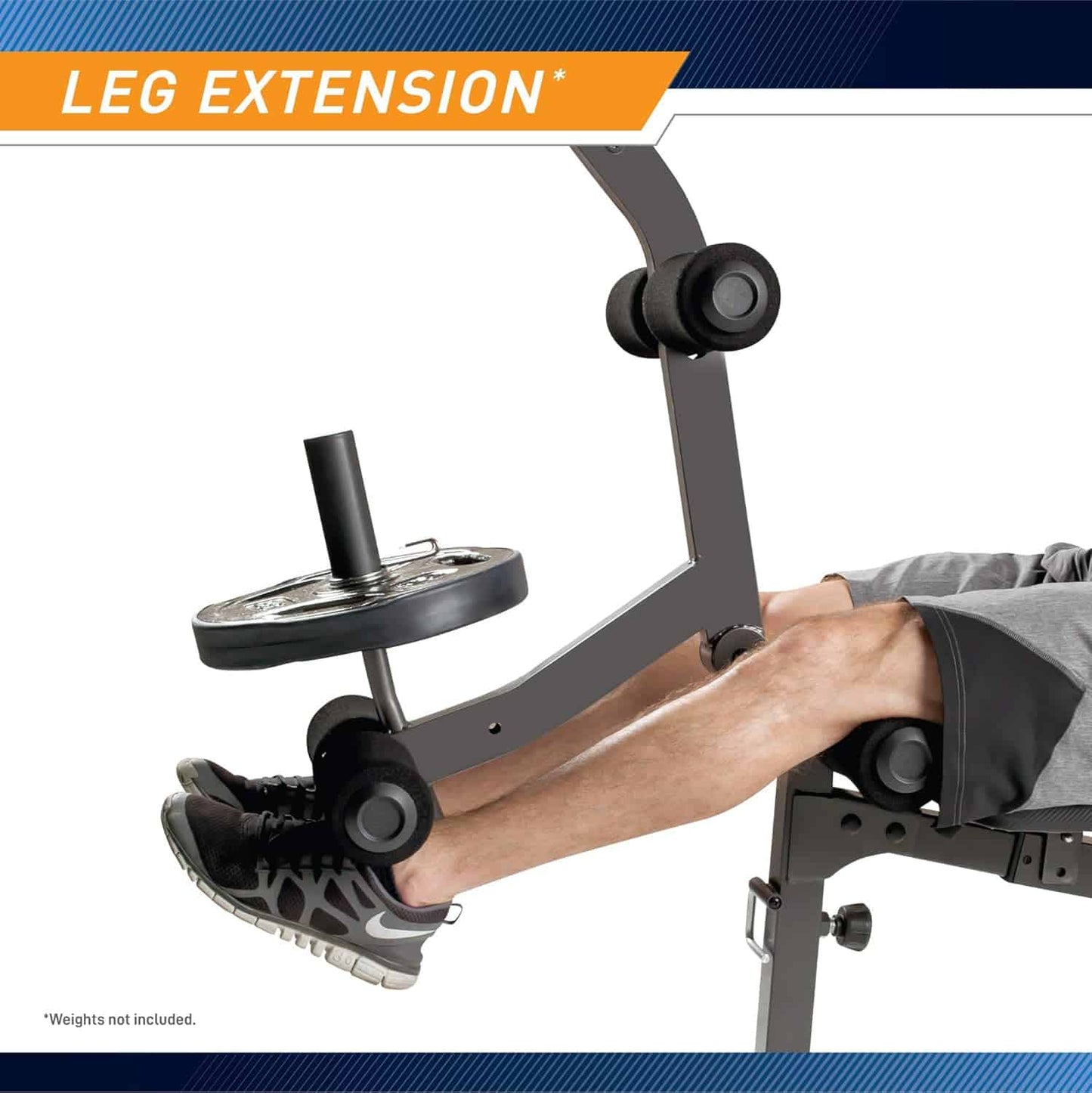 Person using a leg extension machine with 'Leg Extension' text above.