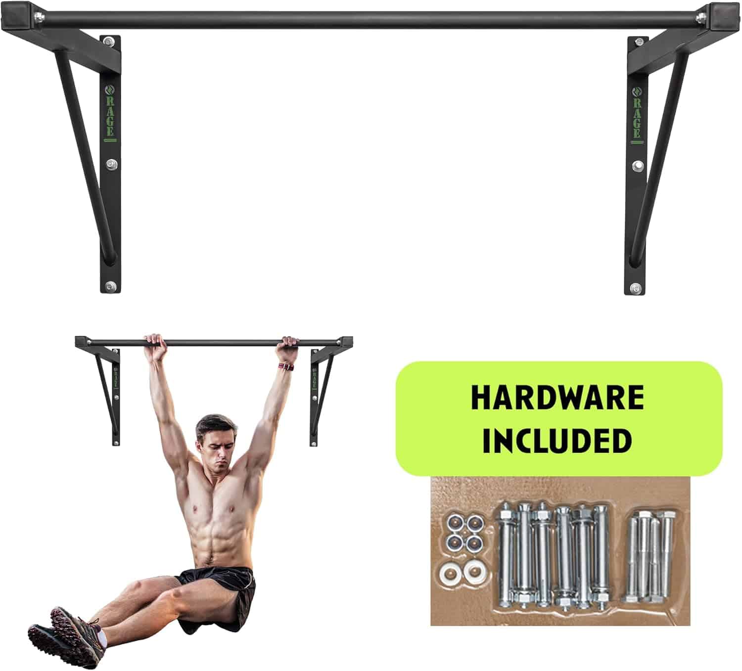 Wall-mounted pull-up bar with hardware kit and a person using it.