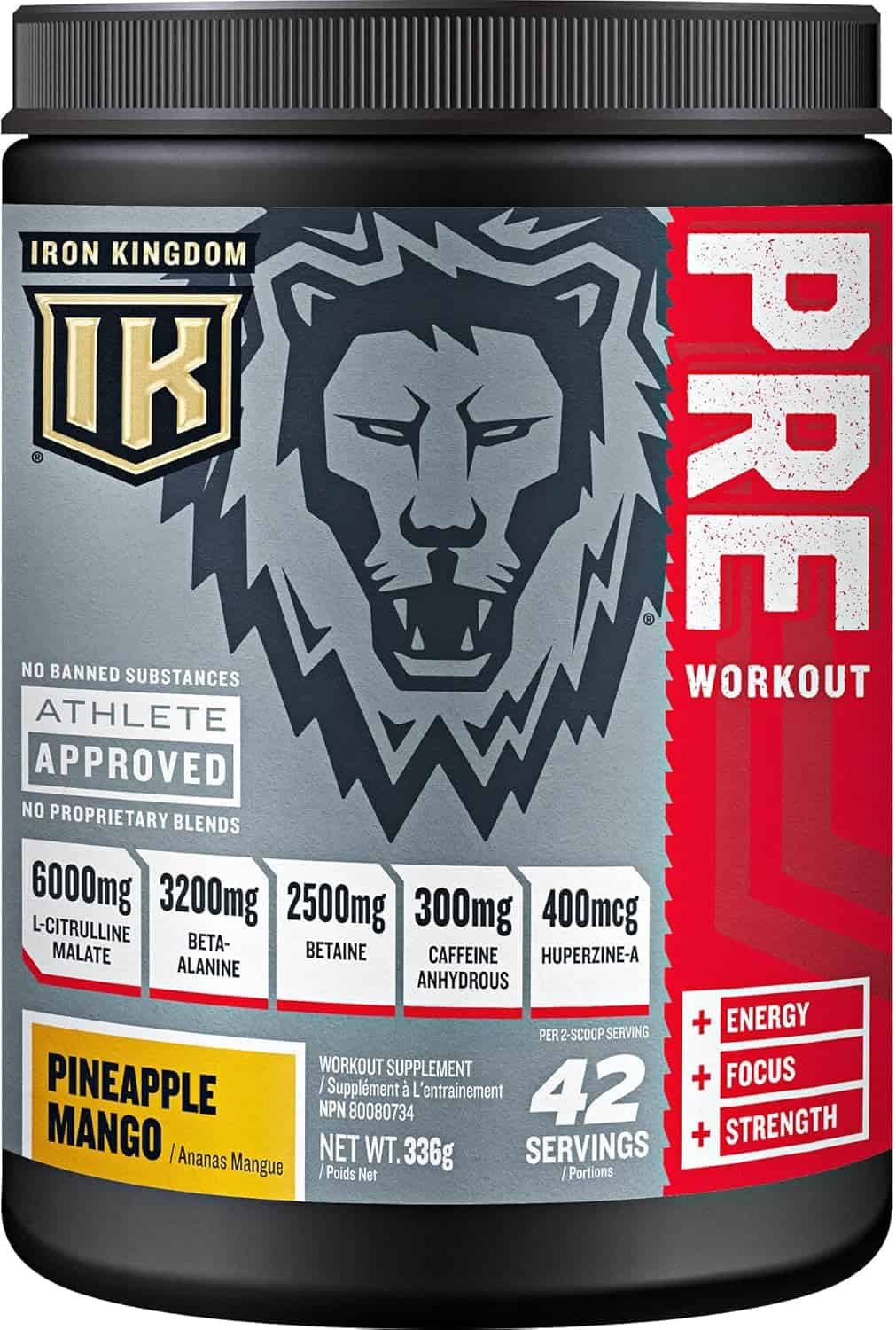 Iron Kingdom pre-workout supplement container with lion graphic and product details.