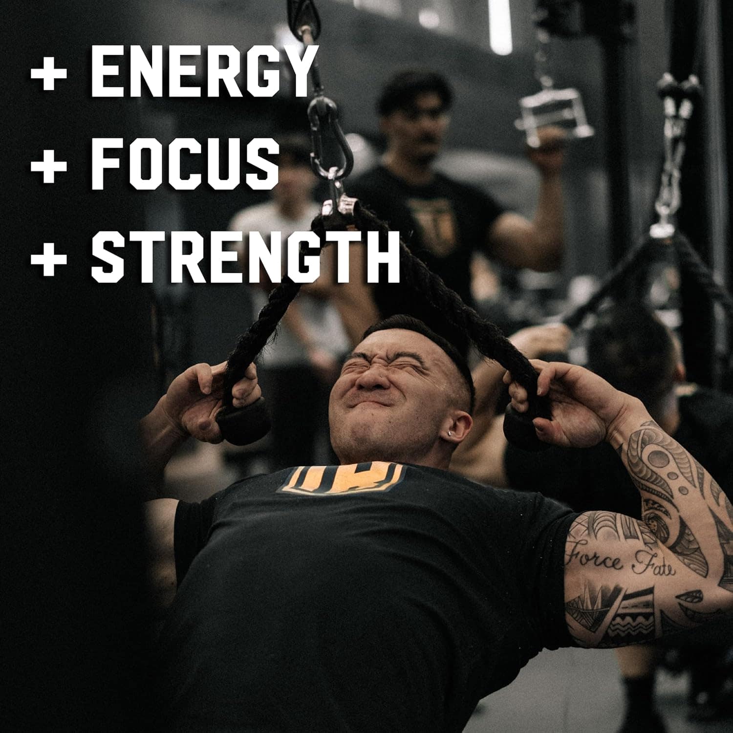 Person lifting weights with text '+ ENERGY + FOCUS + STRENGTH' in a gym setting